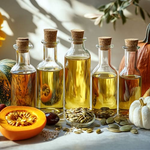 Bottiglie di vetro trasparente piene di olio di semi biologico, accompagnate da zucche, semi di zucca e piante autunnali. La scena evoca una sensazione di freschezza e nutrizione naturale.