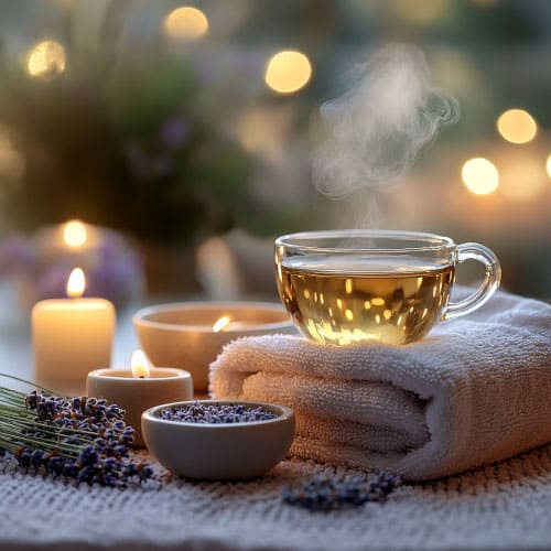 Un'ambientazione da spa rilassante con una tazza di tè fumante, asciugamani soffici e candele accese, circondata da fiori di lavanda. L'immagine invita al relax e al benessere naturale.