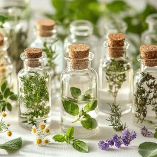 Bottiglie di vetro trasparente riempite con estratti erboristici freschi, circondate da piante aromatiche come camomilla e lavanda. L'immagine evidenzia la purezza e la naturalità degli estratti.