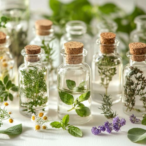 Bottiglie di vetro trasparente riempite con estratti erboristici freschi, circondate da piante aromatiche come camomilla e lavanda. L'immagine evidenzia la purezza e la naturalità degli estratti.