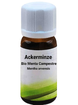 Bottiglia da 10 ml di Olio Essenziale di Menta Campestre, su sfondo bianco.