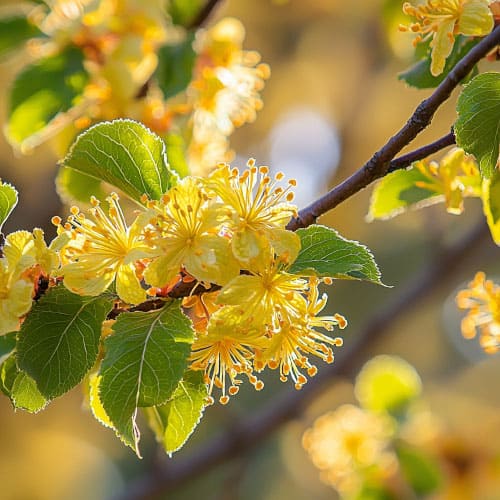 Fiore di Hamamelis (Amamelide) con petali gialli brillanti su un ramo, catturato in un momento di luce dorata