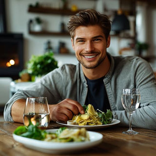 Un uomo sorridente seduto a un tavolo, pronto a gustare un piatto di pasta con carciofi, con un bicchiere d'acqua accanto. La scena è luminosa e accogliente.