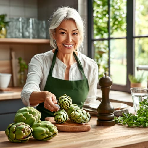  Una donna anziana in cucina sorride mentre prepara carciofi freschi. Indossa un grembiule verde e la cucina è illuminata dalla luce naturale.