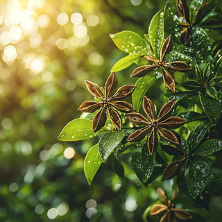 Un primo piano di rami di anice stellato (Illicium verum) con fiori di anice in primo piano. La luce solare filtra attraverso le foglie, evidenziando la bellezza naturale e la freschezza delle piante.