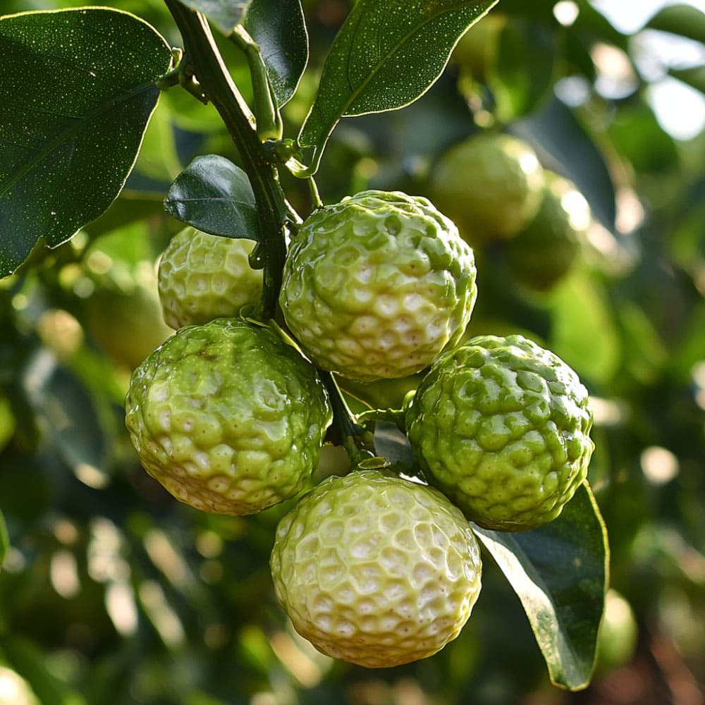 Frutti di Citrus bergamia (bergamotto), agrumi verdi con una superficie rugosa, utilizzati soprattutto per l'estrazione di oli essenziali.