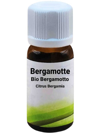 Bottiglia da 10 ml di Olio Essenziale di Bergamotto, su sfondo bianco.