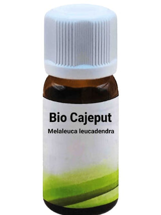 Bottiglia da 10 ml di Olio Essenziale di Cajeput, su sfondo bianco.