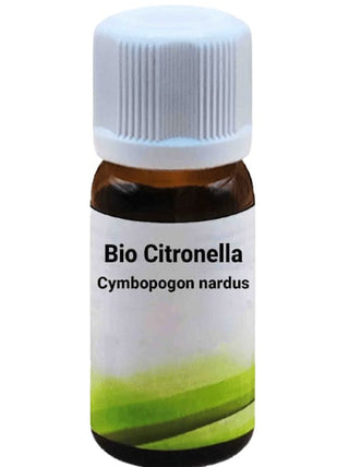 Bottiglia da 10 ml di Olio Essenziale di Citronella , su sfondo bianco.