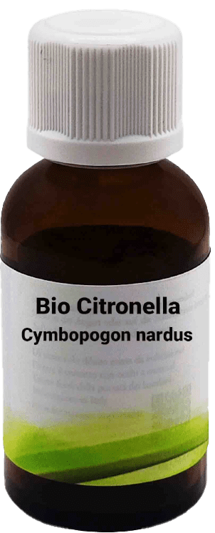 Una bottiglietta di vetro marrone con tappo a vite bianco, etichettata con Bio Citronella - Cymbopogon nardus 30 ml. L'etichetta mostra un design minimalista verde.