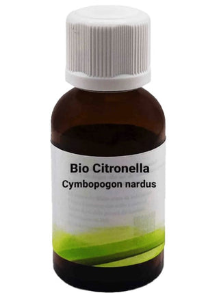 Bottiglia da 30 ml di Olio Essenziale di Citronella , su sfondo bianco.