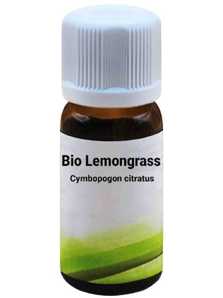 Bottiglia da 10 ml di Olio Essenziale di Lemongrass, su sfondo bianco.