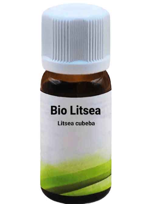 Una 10 ml bottiglietta di vetro marrone con tappo a vite bianco, etichettata con "Bio Litsea - Litsea cubeba 10 ml". L'etichetta mostra un design minimalista verde.