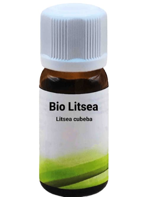 Bottiglia da 10 ml di Olio Essenziale di Bio Litsea - Litsea cubeba, su sfondo bianco.