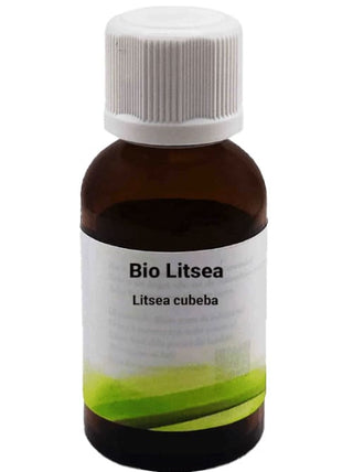 Bottiglia da 30 ml di Olio Essenziale di Bio Litsea - Litsea cubeba, su sfondo bianco.