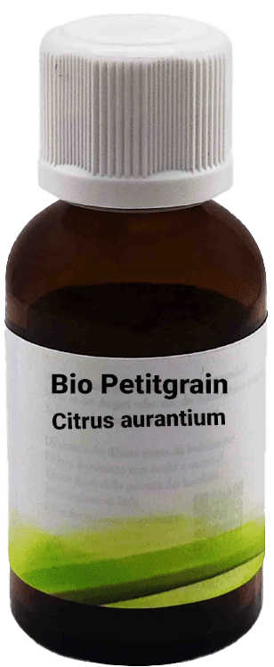 Una bottiglietta di vetro marrone con tappo a vite bianco, etichettata con Bio Petitgrain - Citrus aurantium 30 ml. L'etichetta mostra un design minimalista verde.