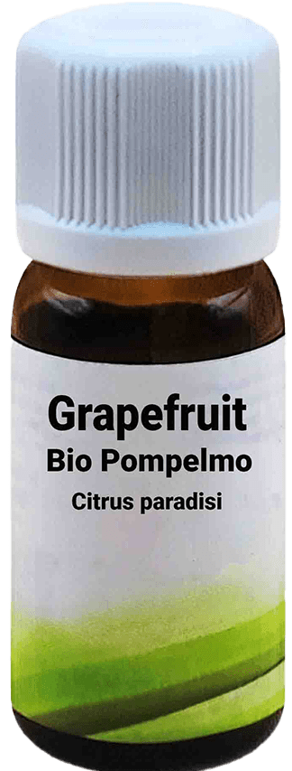 Una bottiglietta di vetro marrone con tappo a vite bianco, etichettata con Pompelmo Bio - Citrus paradisi - Grapefruit 10 ml. L'etichetta mostra un design minimalista verde.