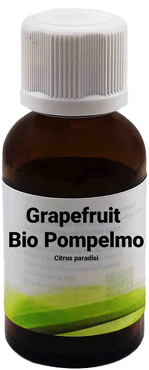 Una bottiglietta di vetro marrone con tappo a vite bianco, etichettata con Pompelmo Bio - Citrus paradisi - Grapefruit 30 ml. L'etichetta mostra un design minimalista verde.