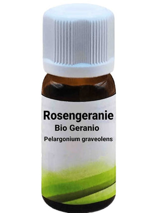 Bottiglia da 10 ml di Olio Essenziale di Geranio, su sfondo bianco.