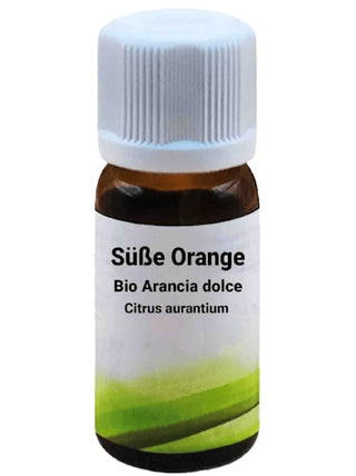 Bottiglia da 10 ml di Olio Essenziale di Arancia dolce, su sfondo bianco.