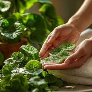 Mani delicatamente posizionate su foglie fresche di Centella asiatica, rappresentando un momento di cura naturale e benessere attraverso il contatto diretto con la pianta