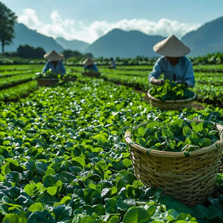 Un campo di Centella asiatica coltivata con lavoratori che raccolgono le foglie fresche in cesti di vimini, circondati da montagne e cielo sereno.