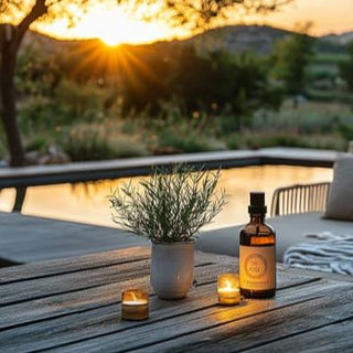 Una scena rilassante all'aperto al tramonto con un tavolo su cui si trova una bottiglia di olio di citronella e candele accese. Il giardino sullo sfondo crea un'atmosfera tranquilla e priva di insetti. - Eine entspannte Outdoor-Szene bei Sonnenuntergang mit einem Tisch, auf dem ein Glas Citronella-Öl und brennende Kerzen stehen. Der Garten im Hintergrund schafft eine friedliche, insektenfreie Atmosphäre. - A relaxed outdoor scene at sunset with a table featuring a glass bottle of citronella oil and burning 