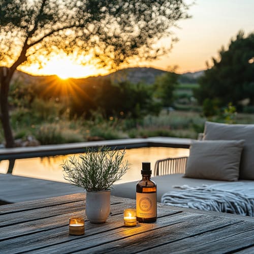 Una scena rilassante all'aperto al tramonto con un tavolo su cui si trova una bottiglia di olio di citronella e candele accese. Il giardino sullo sfondo crea un'atmosfera tranquilla e priva di insetti. - Eine entspannte Outdoor-Szene bei Sonnenuntergang mit einem Tisch, auf dem ein Glas Citronella-Öl und brennende Kerzen stehen. Der Garten im Hintergrund schafft eine friedliche, insektenfreie Atmosphäre. - A relaxed outdoor scene at sunset with a table featuring a glass bottle of citronella oil and burning 