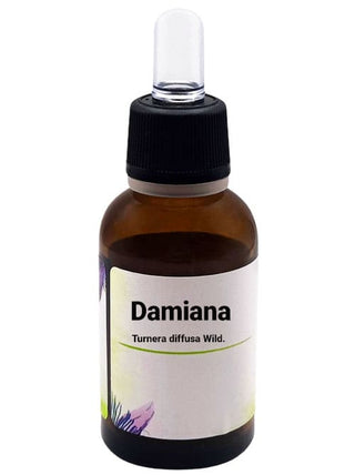 Una 30 ml bottiglia di estratto liquido di Damiana (Turnera diffusa) con contagocce nero e etichetta in italiano che indica "Damiana Turnera diffusa Wild." La bottiglia è marrone scuro e l'etichetta è decorata con illustrazioni floreali.