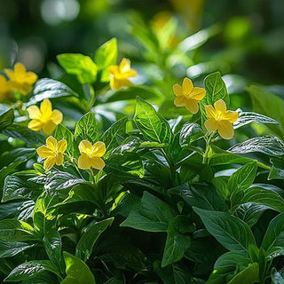 Pianta di Damiana (Turnera diffusa) con fiori gialli luminosi e foglie verdi rigogliose, catturata in un ambiente naturale con luce solare soffusa.