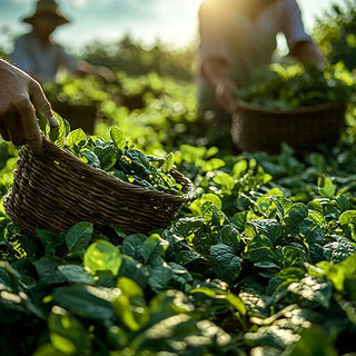 Persone raccolgono foglie di Damiana (Turnera diffusa) in un campo soleggiato, con cesti di vimini pieni di foglie verdi rigogliose.