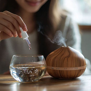 Una donna che aggiunge delicatamente gocce di olio essenziale in un bicchiere d'acqua con un diffusore in legno in funzione accanto.