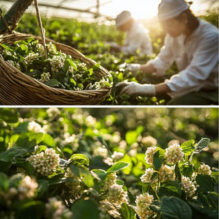 Raccolta di Althaea officinalis in un campo, con lavoratori che raccolgono delicatamente i fiori e le foglie. Le piante mostrano fiori bianchi e foglie verdi sotto il sole del mattino.