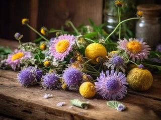 Un mazzo di fiori selvatici dai colori vivaci, tra cui fiori lilla e gialli, sparsi su un tavolo di legno rustico. I petali caduti e le foglie verdi creano un'immagine naturale e rilassante.