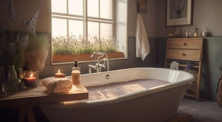 Un bagno caldo in una vasca da bagno freestanding, circondato da candele accese, un asciugamano arrotolato e prodotti per la cura del corpo. La luce naturale filtra dalla finestra, illuminando delicatamente la scena e creando un'atmosfera rilassante e accogliente.