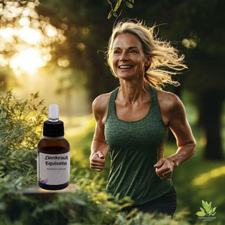 na donna sorridente corre in un ambiente verde, con una bottiglia di estratto di Equiseto in primo piano. La scena è luminosa e energica.