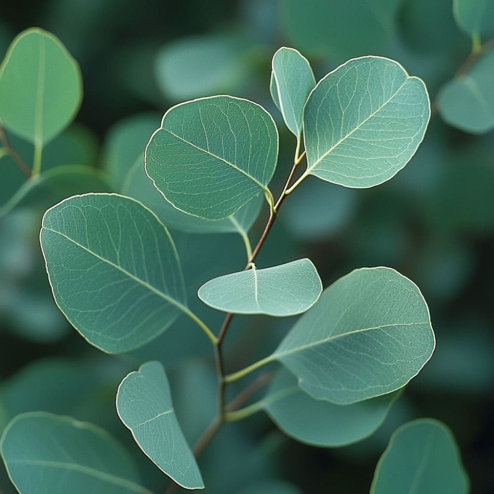 Foglie di Eucalyptus globulus (eucalipto), una pianta con foglie allungate e verdi, nota per il suo olio essenziale dalle proprietà balsamiche.