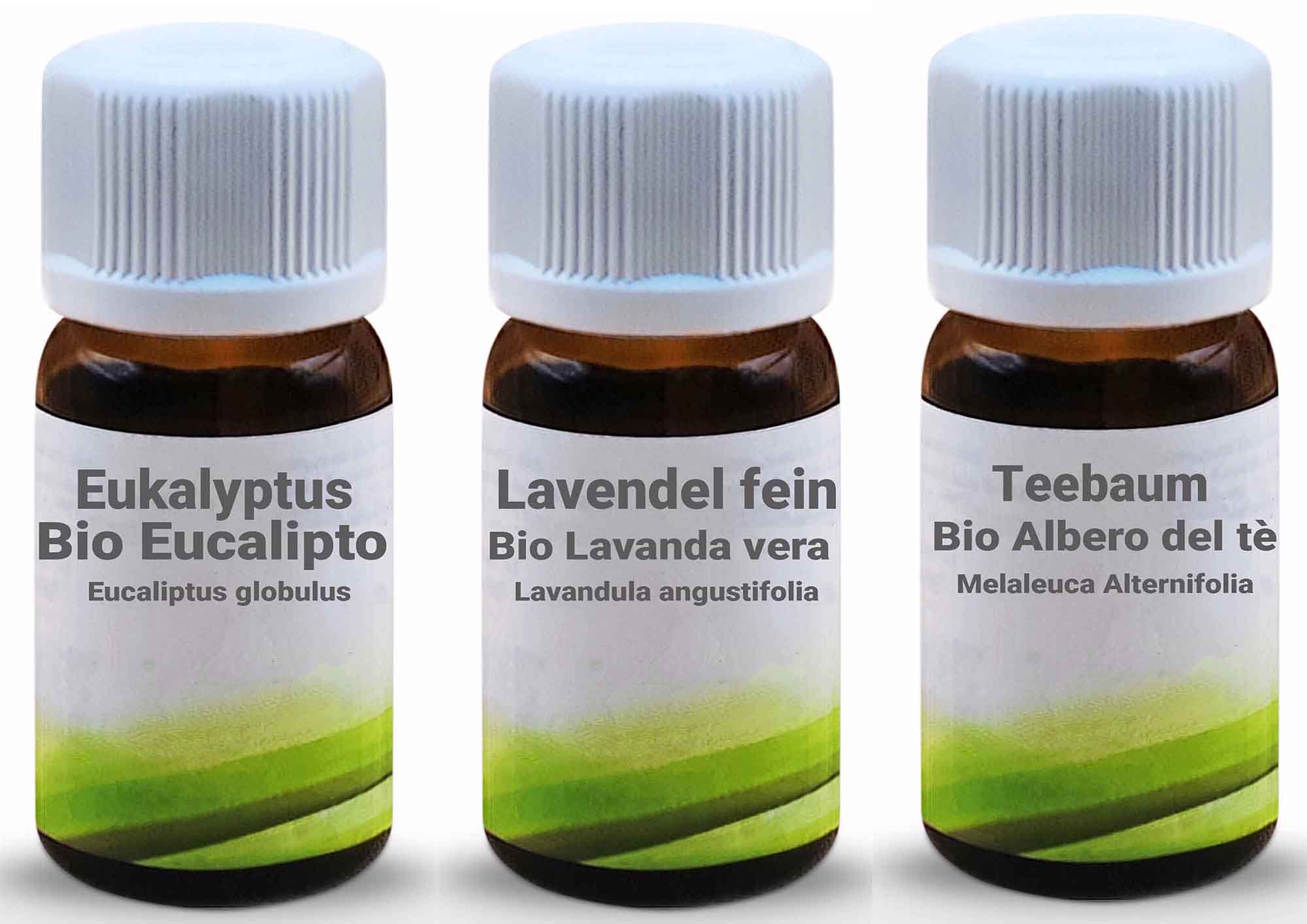 Set di Oli Essenziali Biologici: Eucalipto, Tea Tree, Lavanda vera