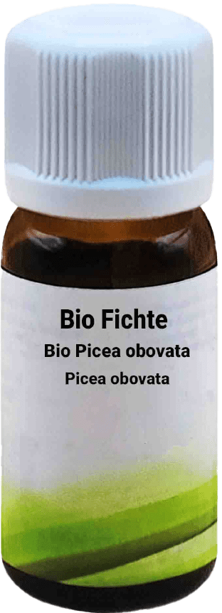 Una bottiglietta di vetro marrone con tappo a vite bianco, etichettata con Bio Abete rosso - Picea obovata  10 ml. L'etichetta mostra un design minimalista verde.