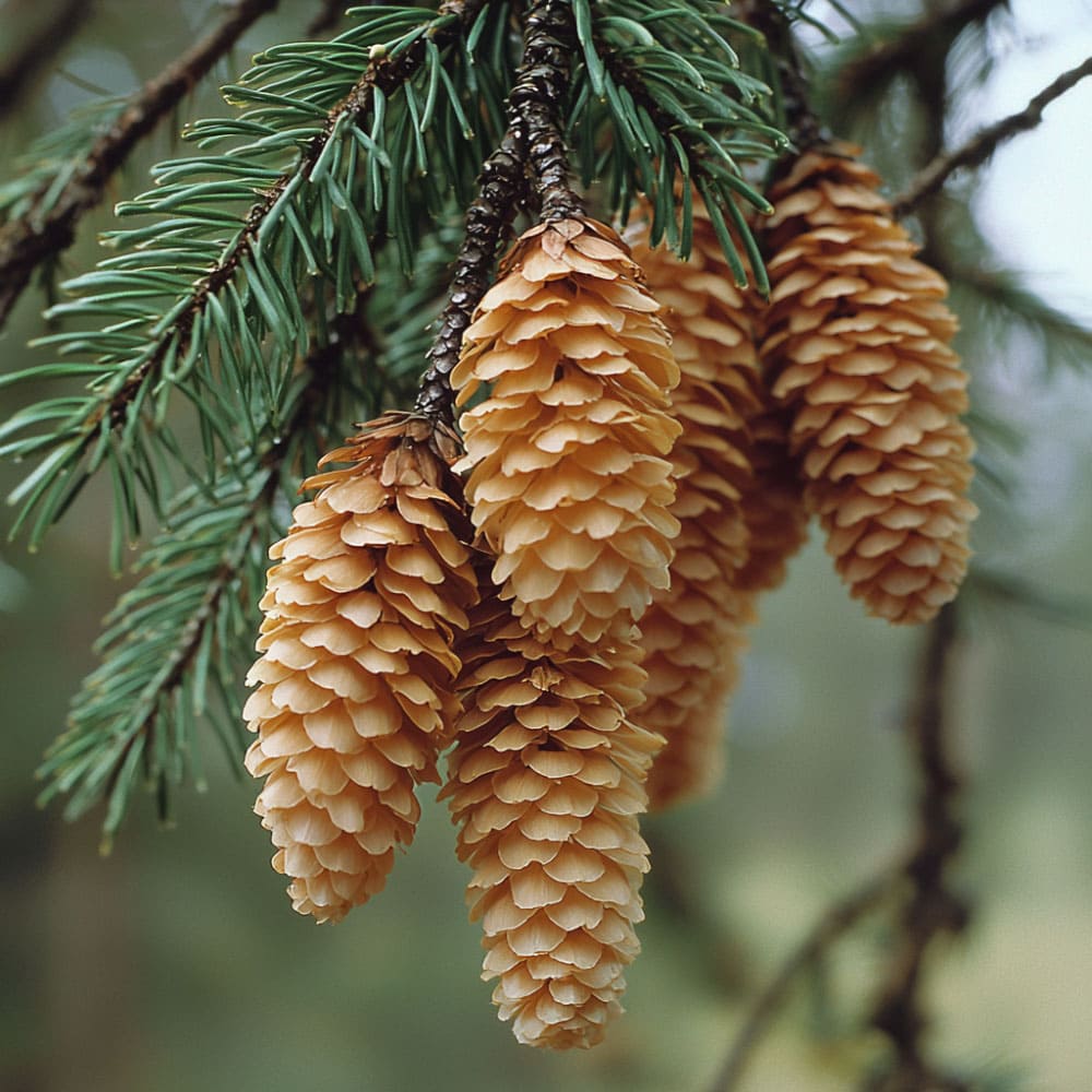 Rami di Picea obovata (abete rosso) con aghi verdi e pigne pendenti, tipici delle foreste boreali.