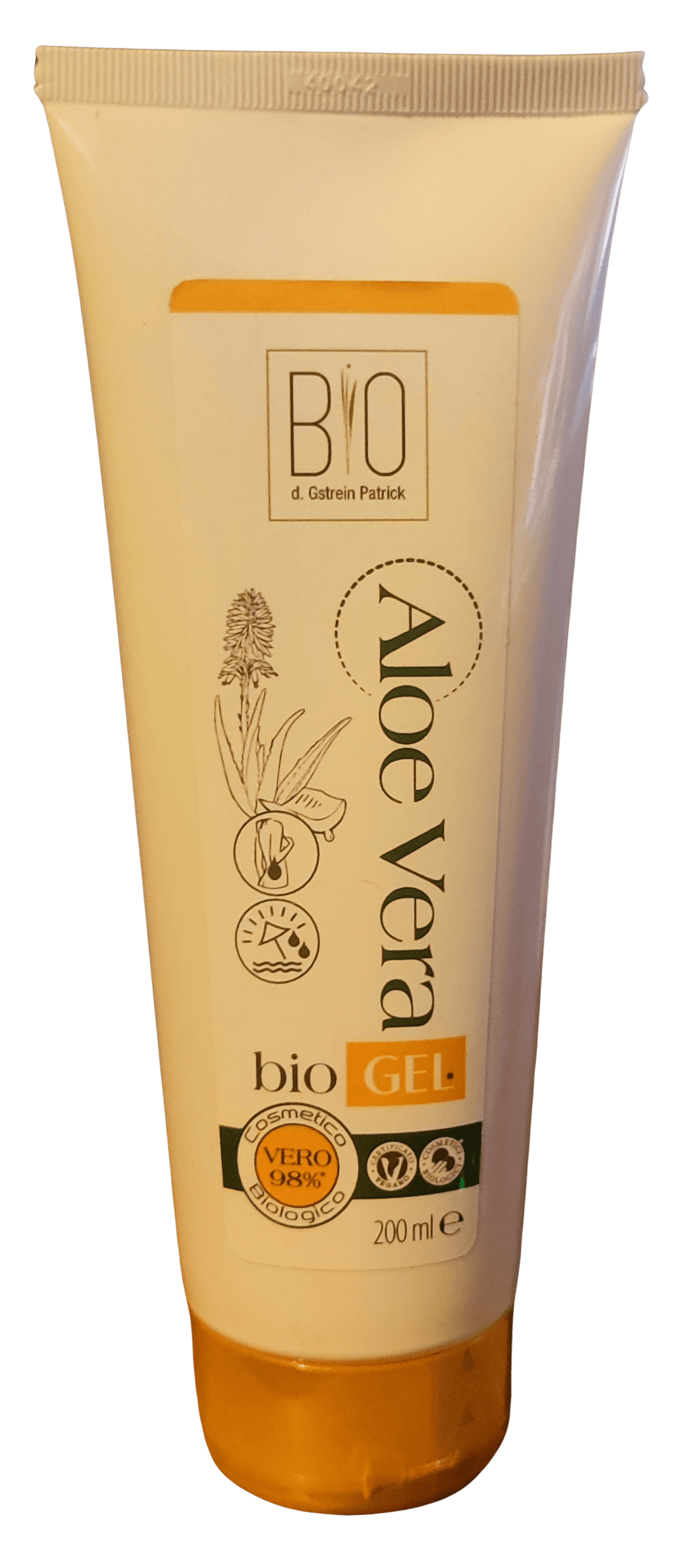 Gel di Aloe Vera Bio in un tubo bianco da 200 ml con tappo giallo, logo Bio e la scritta 'd. Gstrein Patrick'. Il prodotto è certificato biologico e contiene il 98% di puro gel di Aloe Vera. Sulla parte anteriore ci sono simboli per la certificazione biologica e la tollerabilità cutanea