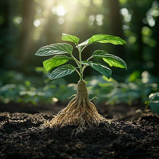 Una pianta di Ginseng con radici ben sviluppate, illuminata dalla luce del sole nella foresta. La pianta è sana e robusta, con foglie verdi che si estendono verso l'alto.