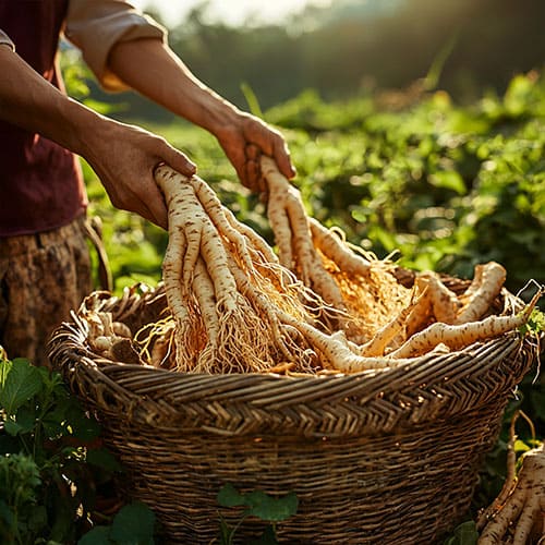 Un contadino raccoglie radici di Ginseng in un cesto di vimini in un campo. Le radici di Ginseng sono lunghe e fresche, pronte per la lavorazione e l'uso."