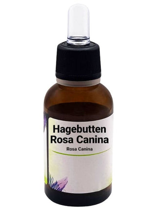 Una bottiglia di estratto liquido di Rosa Canina (Rosa Canina) con contagocce nero e etichetta in italiano che indica "Hagebutten Rosa Canina Rosa Canina". La bottiglia è marrone scuro e l'etichetta è decorata con illustrazioni floreali.