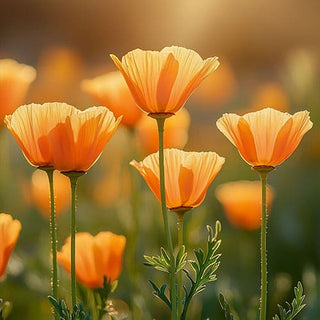 Primo piano di fiori di papavero californiano arancioni in piena fioritura, illuminati dalla luce del sole.