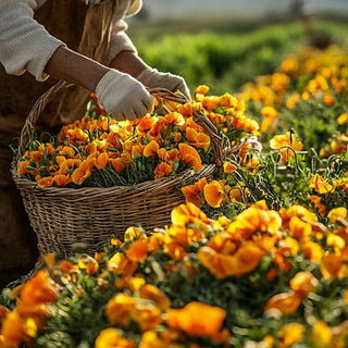 Una persona raccoglie fiori di papavero californiano in un campo. Il cesto è pieno di vivaci fiori arancioni.