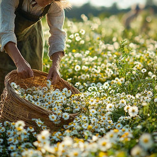 Una persona raccoglie fiori di camomilla in un cesto in un campo pieno di fiori bianchi e gialli sotto la luce del sole.