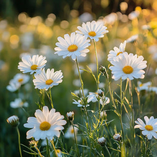 Fiori di Anthemis nobilis (camomilla romana) con petali bianchi e centro giallo, noti per le loro proprietà calmanti.