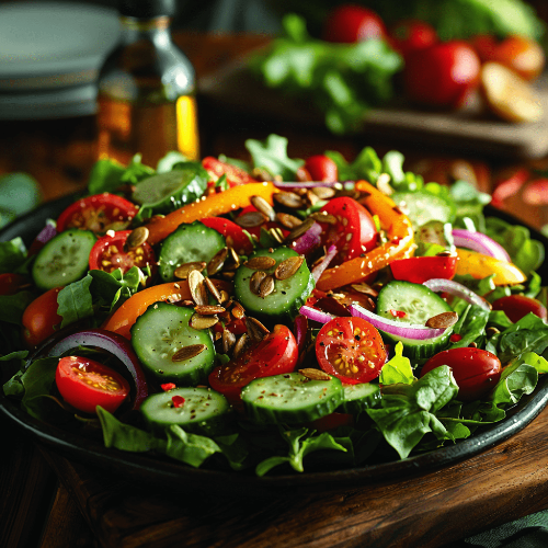 nsalata è composta da un mix colorato di ingredienti freschi come lattuga, fette di cetriolo, pomodorini, cipolle rosse e strisce di peperone. L'insalata è guarnita con semi di zucca tostati e condita con olio di semi di zucca, visibile sullo sfondo. 