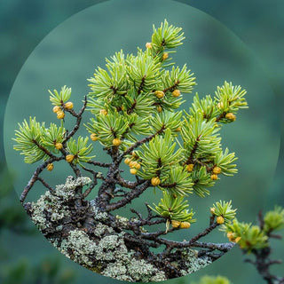 Ramo di Larix decidua (larice) con aghi verdi e pigne, una conifera che perde le foglie in autunno.